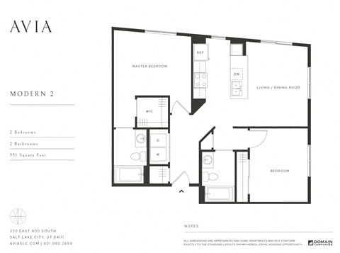 Floor plan for 2 beds, 2 baths, 951 sqft